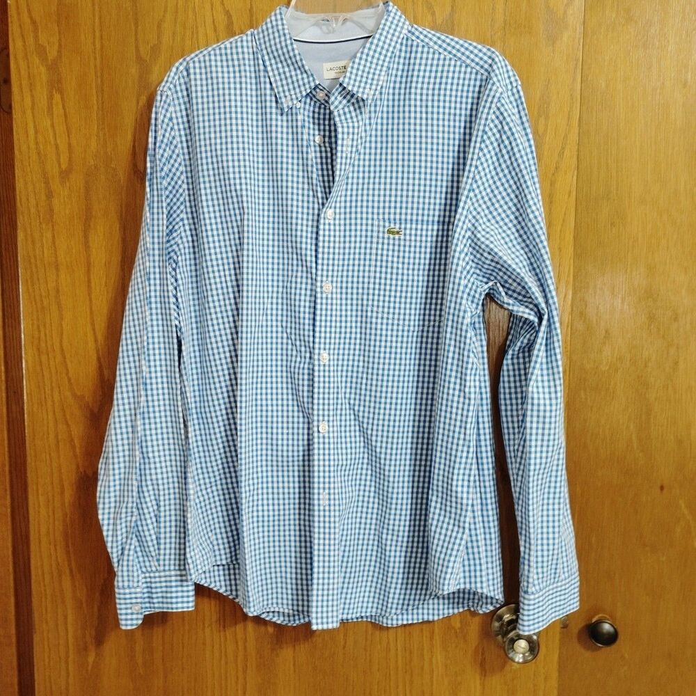 Lacoste Mens Shirt XL 44 Blue White Button Up Plaid Preppy Coastal Alligator